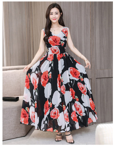 Temperament Elegant Big Swing Floral Waist V Neck Sleeveless Large Size Fairy Long Dress