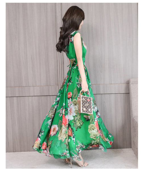 Temperament Elegant Big Swing Floral Waist V Neck Sleeveless Large Size Fairy Long Dress