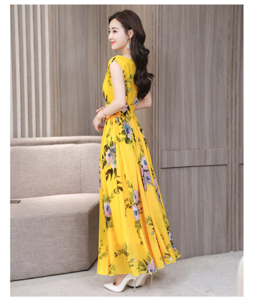 Temperament Elegant Big Swing Floral Waist V Neck Sleeveless Large Size Fairy Long Dress
