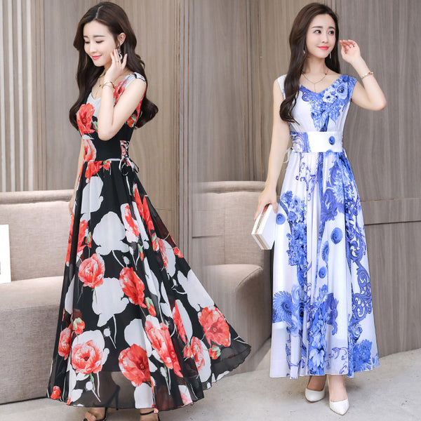 Temperament Elegant Big Swing Floral Waist V Neck Sleeveless Large Size Fairy Long Dress