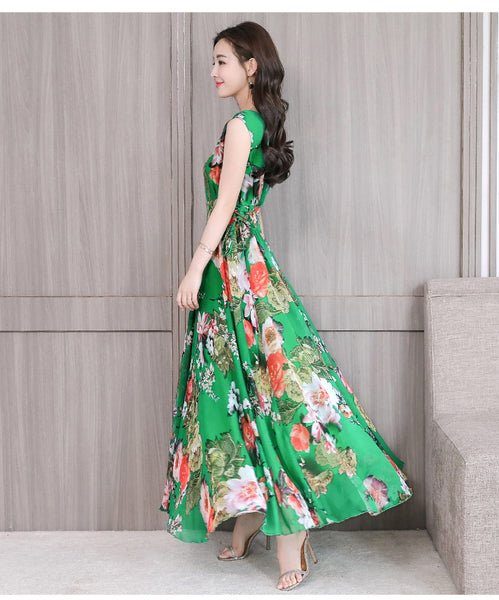 Temperament Elegant Big Swing Floral Waist V Neck Sleeveless Large Size Fairy Long Dress