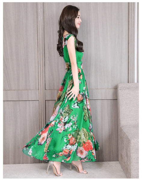 Temperament Elegant Big Swing Floral Waist V Neck Sleeveless Large Size Fairy Long Dress