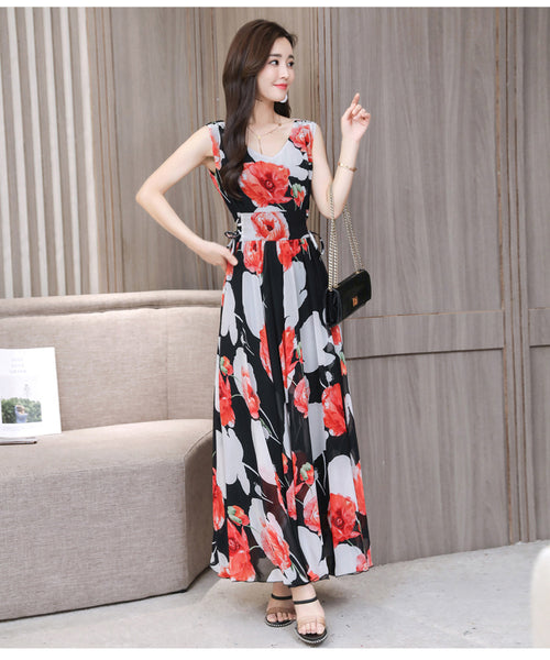 Temperament Elegant Big Swing Floral Waist V Neck Sleeveless Large Size Fairy Long Dress