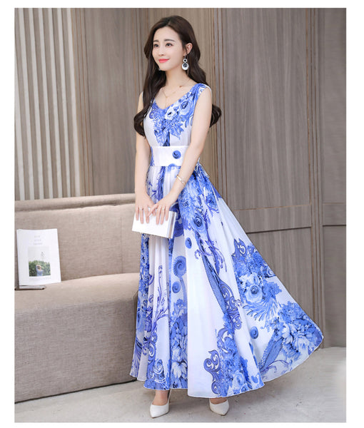 Temperament Elegant Big Swing Floral Waist V Neck Sleeveless Large Size Fairy Long Dress
