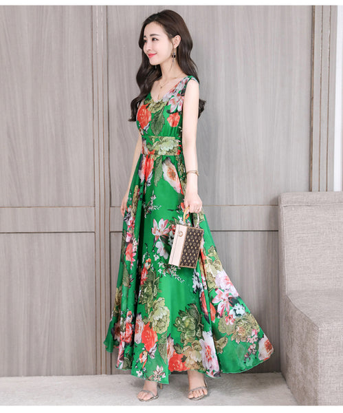 Temperament Elegant Big Swing Floral Waist V Neck Sleeveless Large Size Fairy Long Dress