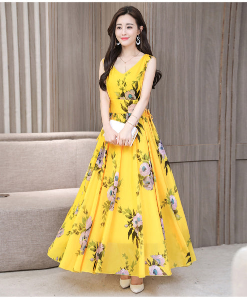Temperament Elegant Big Swing Floral Waist V Neck Sleeveless Large Size Fairy Long Dress