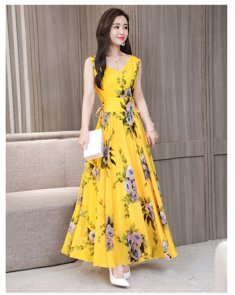 Temperament Elegant Big Swing Floral Waist V Neck Sleeveless Large Size Fairy Long Dress