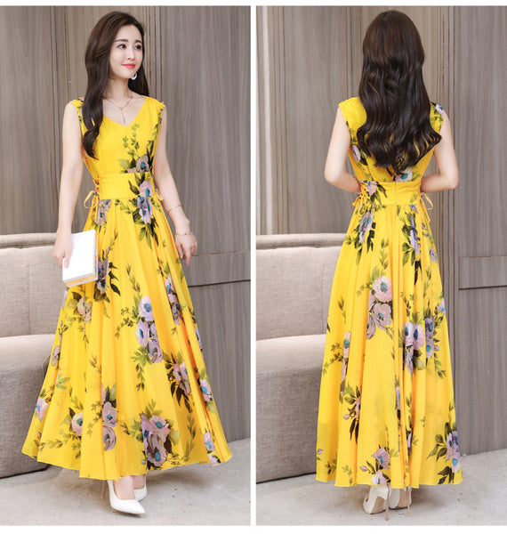 Temperament Elegant Big Swing Floral Waist V Neck Sleeveless Large Size Fairy Long Dress