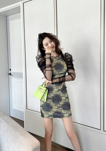 Spring Women Mesh Puff Sleeves Stitching Green Rendering Hips Dress Mini Skirt