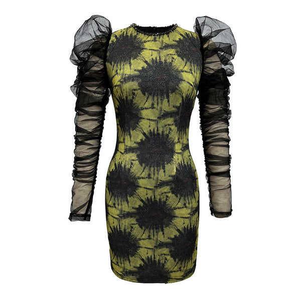 Spring Women Mesh Puff Sleeves Stitching Green Rendering Hips Dress Mini Skirt