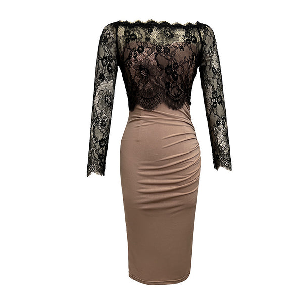 Spring Elegant Club Lace Stitching Off Shoulder Hip Pencil Knee Length dress