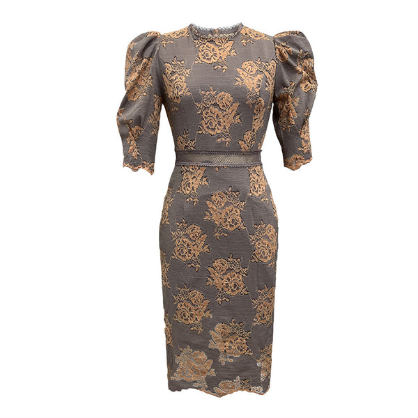 Summer Elegant Temperament Round Neck Puff Sleeves Lace Hook Floral Hollow Pencil Dress