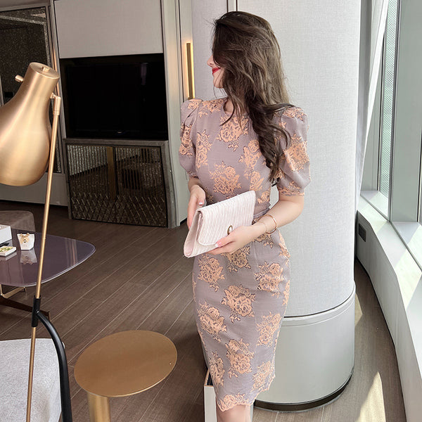 Summer Elegant Temperament Round Neck Puff Sleeves Lace Hook Floral Hollow Pencil Dress