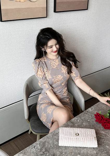 Summer Elegant Temperament Round Neck Puff Sleeves Lace Hook Floral Hollow Pencil Dress