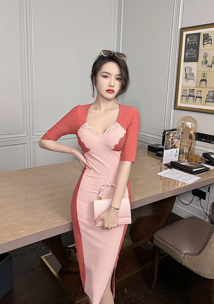 Spring Elegant Women Half Length Sleeves Stitching Tight Bodycon Sheath Dress