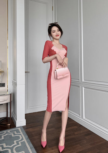 Spring Elegant Women Half Length Sleeves Stitching Tight Bodycon Sheath Dress