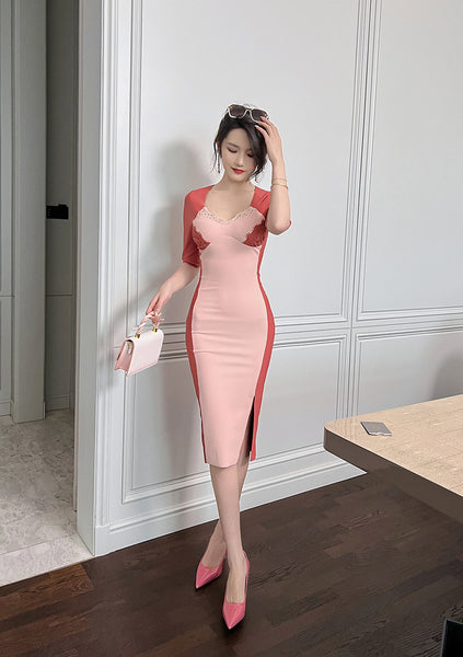 Spring Elegant Women Half Length Sleeves Stitching Tight Bodycon Sheath Dress