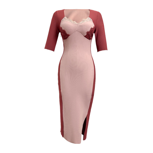 Spring Elegant Women Half Length Sleeves Stitching Tight Bodycon Sheath Dress