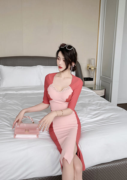 Spring Elegant Women Half Length Sleeves Stitching Tight Bodycon Sheath Dress