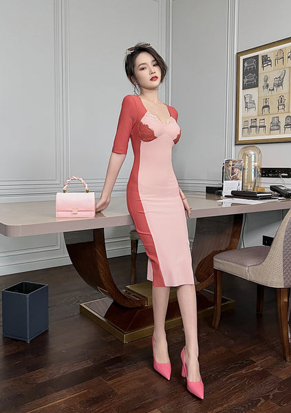 Spring Elegant Women Half Length Sleeves Stitching Tight Bodycon Sheath Dress