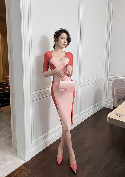 Spring Elegant Women Half Length Sleeves Stitching Tight Bodycon Sheath Dress
