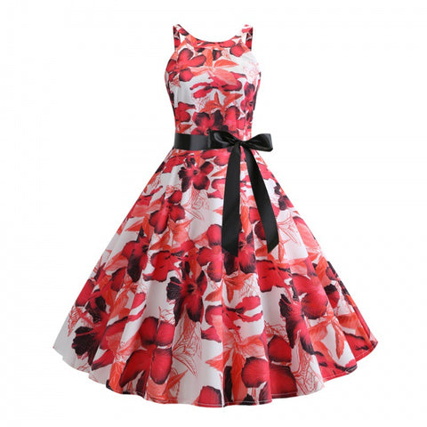 Retro 50s Style Stitching Slip Halter Neck Sling Floral A Line Skirt Dress