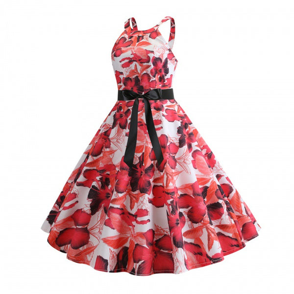 Retro 50s Style Stitching Slip Halter Neck Sling Floral A Line Skirt Dress