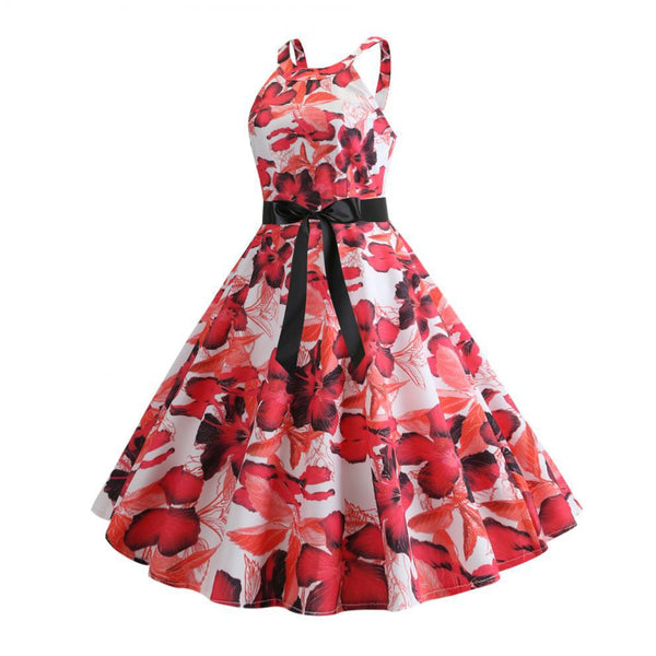 Retro 50s Style Stitching Slip Halter Neck Sling Floral A Line Skirt Dress