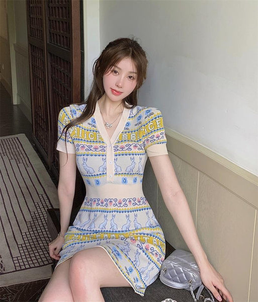 Retro Summer Women Style Jacquard Waist V Neck Short Soft Smooth Knitted Skirt