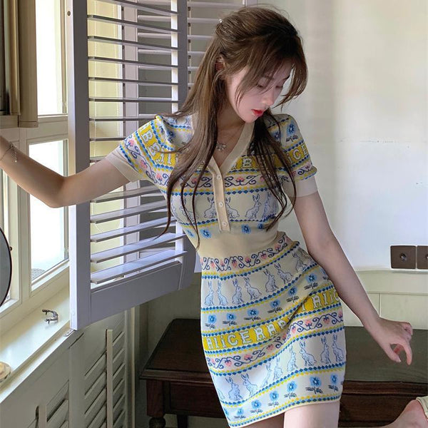 Retro Summer Women Style Jacquard Waist V Neck Short Soft Smooth Knitted Skirt