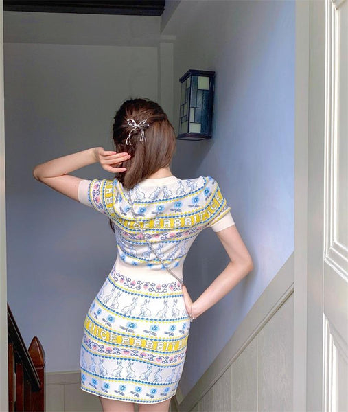 Retro Summer Women Style Jacquard Waist V Neck Short Soft Smooth Knitted Skirt