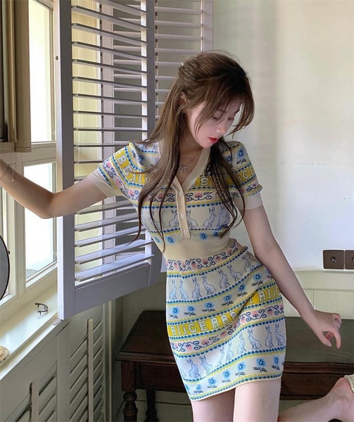 Retro Summer Women Style Jacquard Waist V Neck Short Soft Smooth Knitted Skirt