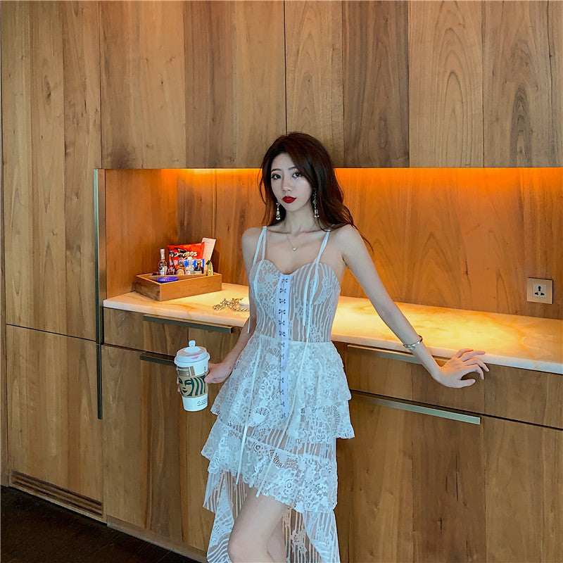 Summer White Elegant Front Button Irregular Lace Sling Strap Slip High Waist Ruffle Dress