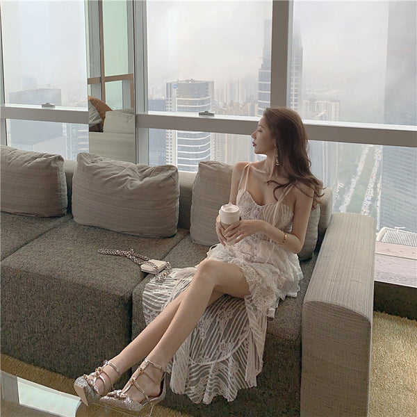 Summer White Elegant Front Button Irregular Lace Sling Strap Slip High Waist Ruffle Dress