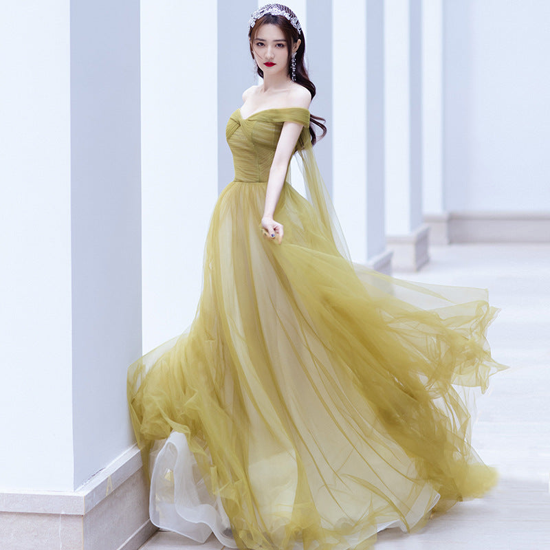 Retro Beautiful Sexy Temperament Banquet Off Shoulder Strapless Long Fairy Evening Prom Dress
