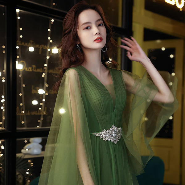 Luxury High End Temperament Banquet Green Sleeveless Long Fairy Evening Prom Dress