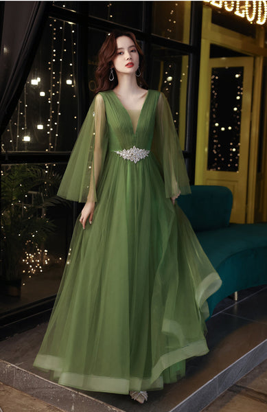Luxury High End Temperament Banquet Green Sleeveless Long Fairy Evening Prom Dress