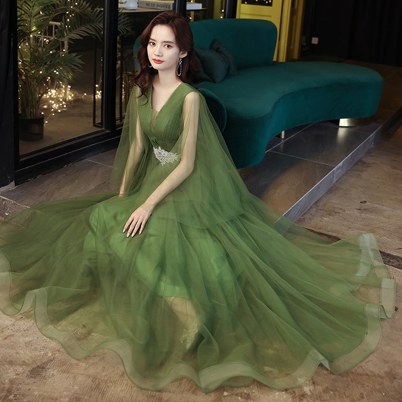 Luxury High End Temperament Banquet Green Sleeveless Long Fairy Evening Prom Dress