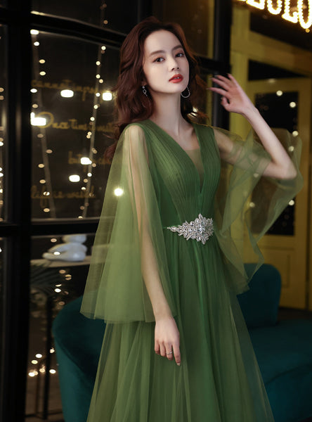 Luxury High End Temperament Banquet Green Sleeveless Long Fairy Evening Prom Dress
