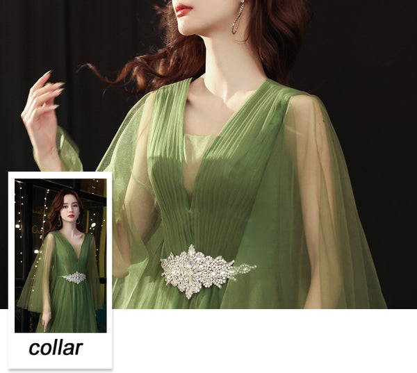 Luxury High End Temperament Banquet Green Sleeveless Long Fairy Evening Prom Dress