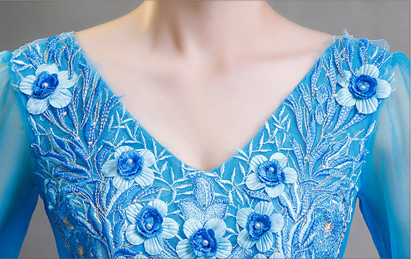 Elegant Evening Stage Short Sleeve Embroidered A line Princess Tutu Skirt Long Dress Gauze Gown