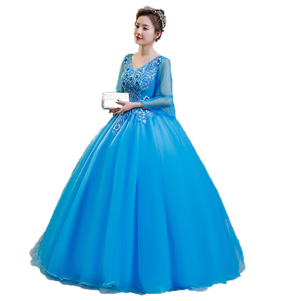 Elegant Evening Stage Short Sleeve Embroidered A line Princess Tutu Skirt Long Dress Gauze Gown