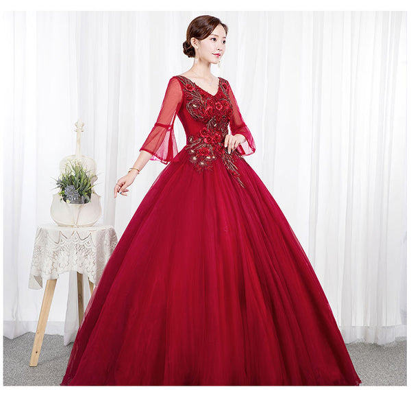 Elegant Evening Stage Short Sleeve Embroidered A line Princess Tutu Skirt Long Dress Gauze Gown