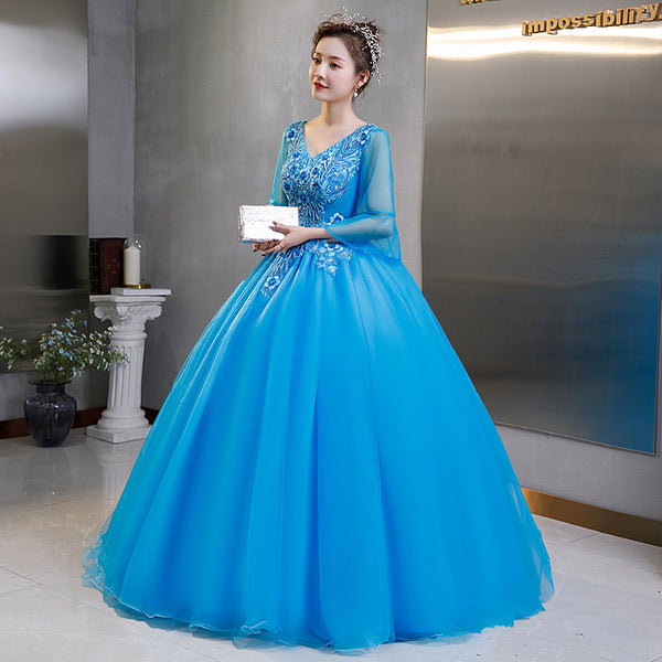 Elegant Evening Stage Short Sleeve Embroidered A line Princess Tutu Skirt Long Dress Gauze Gown