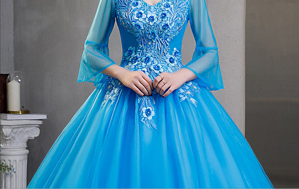 Elegant Evening Stage Short Sleeve Embroidered A line Princess Tutu Skirt Long Dress Gauze Gown