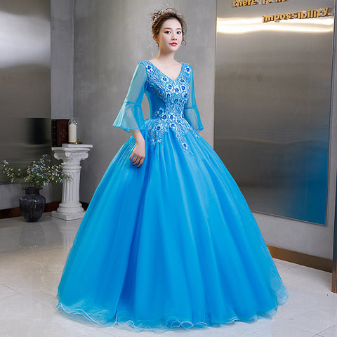 Elegant Evening Stage Short Sleeve Embroidered A line Princess Tutu Skirt Long Dress Gauze Gown