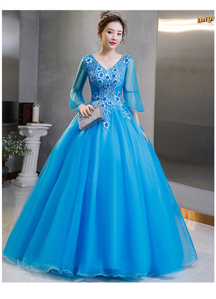 Elegant Evening Stage Short Sleeve Embroidered A line Princess Tutu Skirt Long Dress Gauze Gown