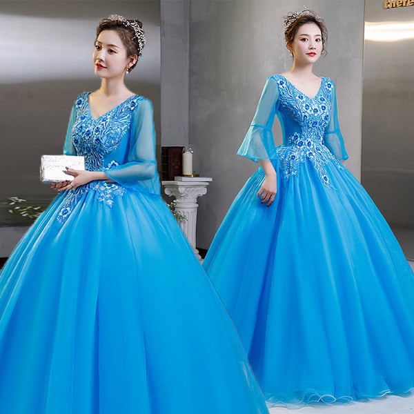 Elegant Evening Stage Short Sleeve Embroidered A line Princess Tutu Skirt Long Dress Gauze Gown