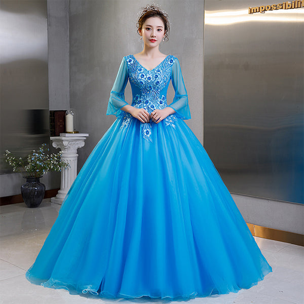 Elegant Evening Stage Short Sleeve Embroidered A line Princess Tutu Skirt Long Dress Gauze Gown