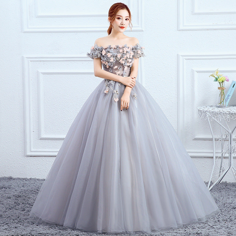 Elegant Evening Stage Off Shoulder Floral Embroidered A line Princess Skirt Long Dress Ball Gauze Gown